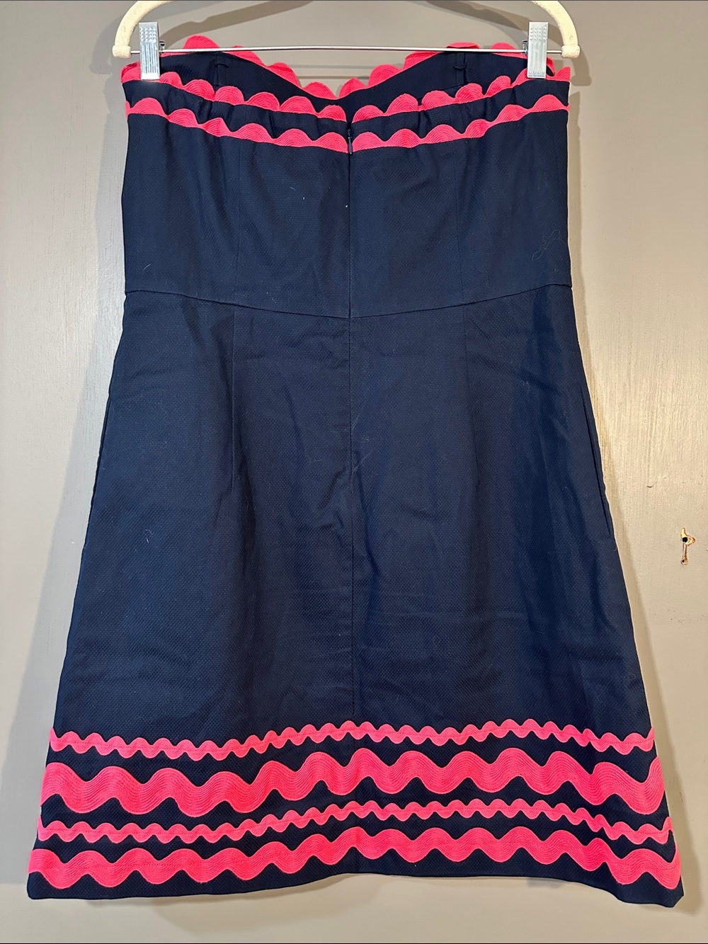 Vineyard Vines Strapless Navy Dress Pink Trim Size 12 Preppy Summer Fit & Flare - Picture 4 of 5